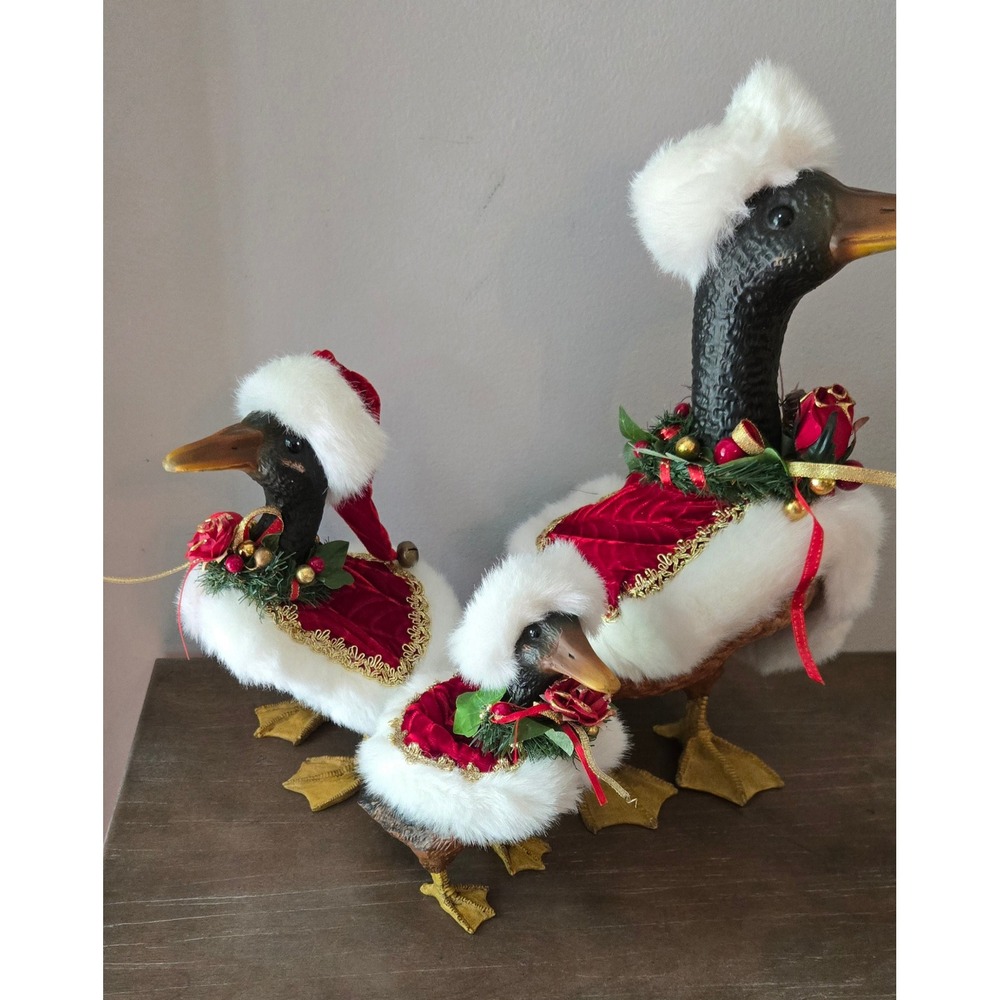 3pc Vintage Christmas Geese Set with Red Velvet Capes Faux Fur Holiday Decor